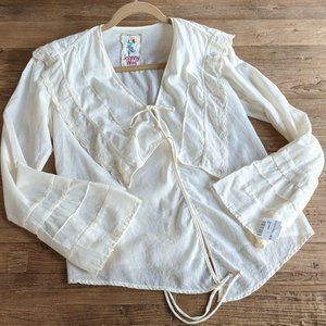 JOHNNY WAS Tie Front Overlay Collar Ruffle Top S